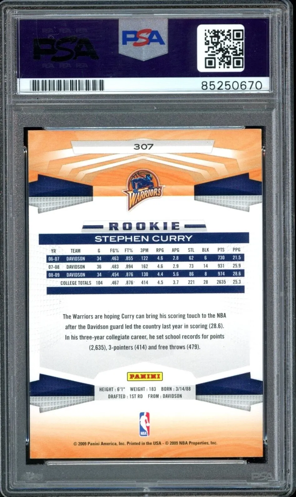 2009-10 Panini #307 Stephen Curry RC Rookie On Card PSA/DNA Auto GEM MINT 10