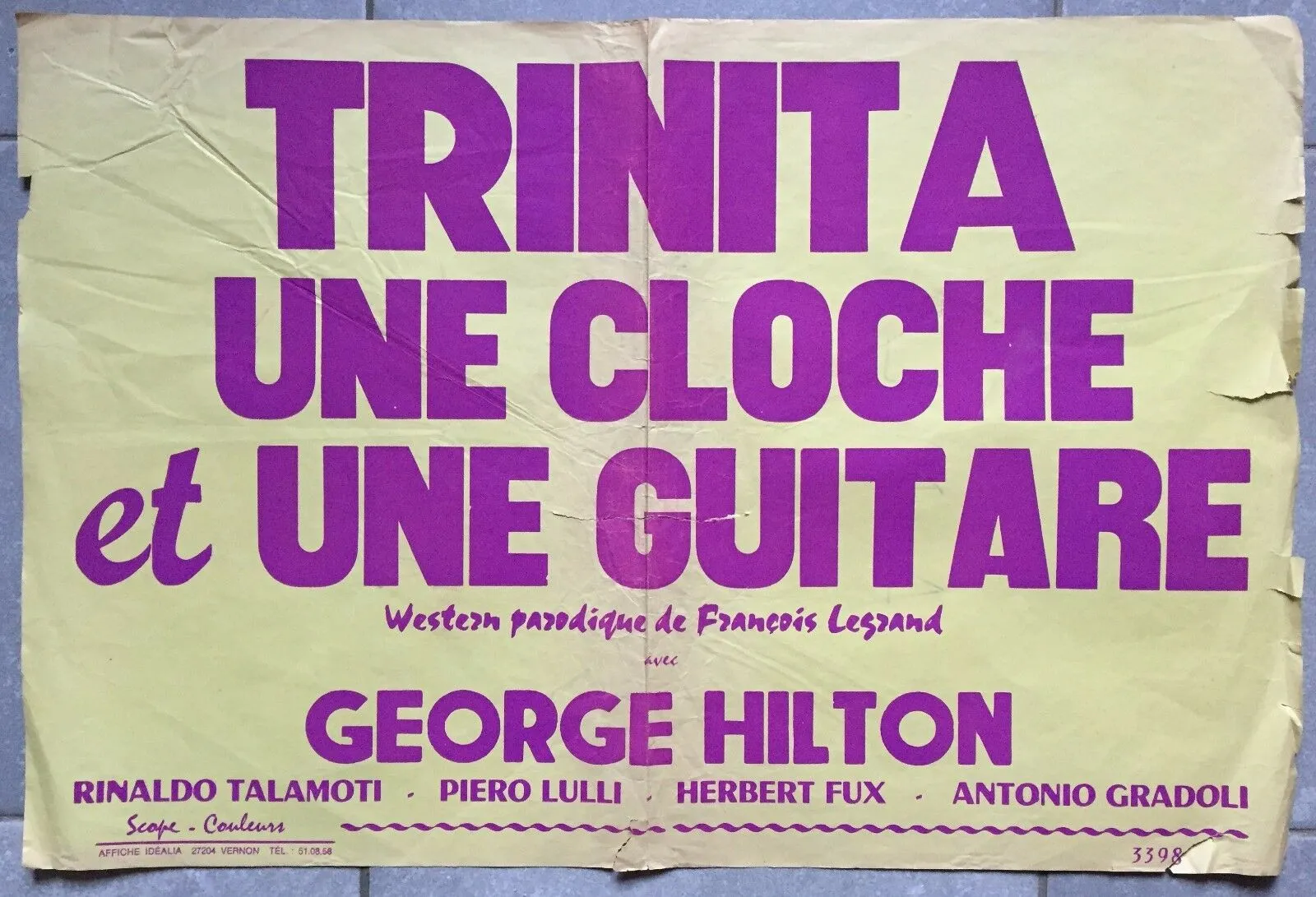 Affiche Bandeau Publicitaire TRINITA, UNE CLOCHE ET UNE GUITARE George Hilton *