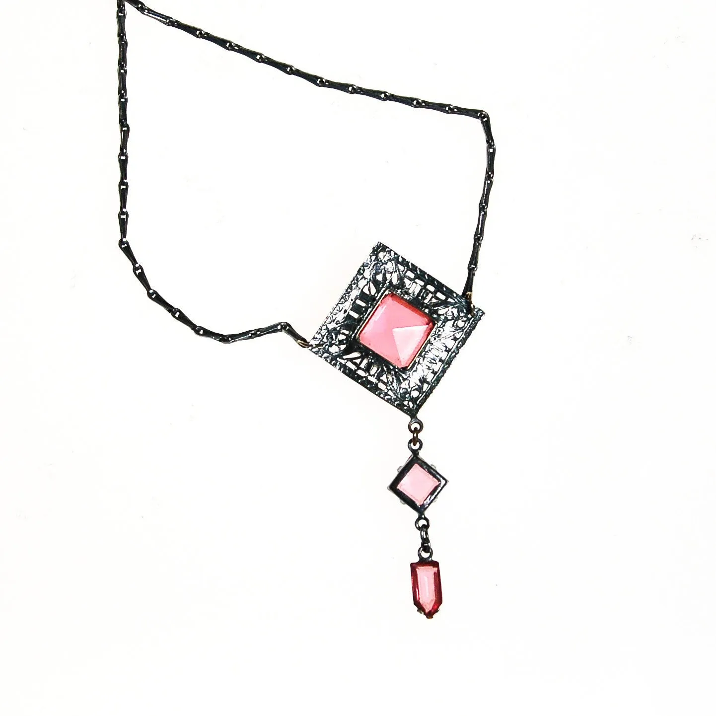 Art Deco Filigree and Pink Crystal Necklace
