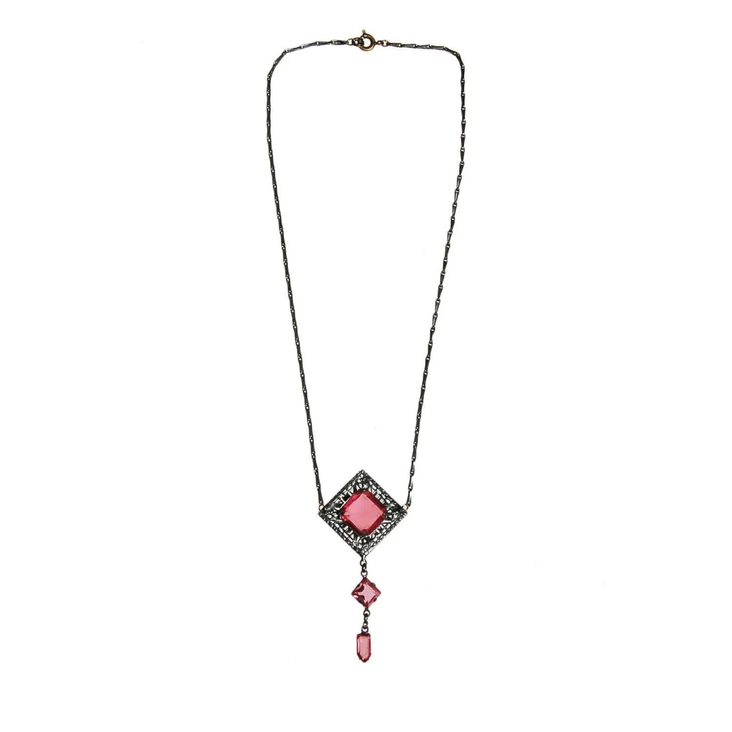 Art Deco Filigree and Pink Crystal Necklace