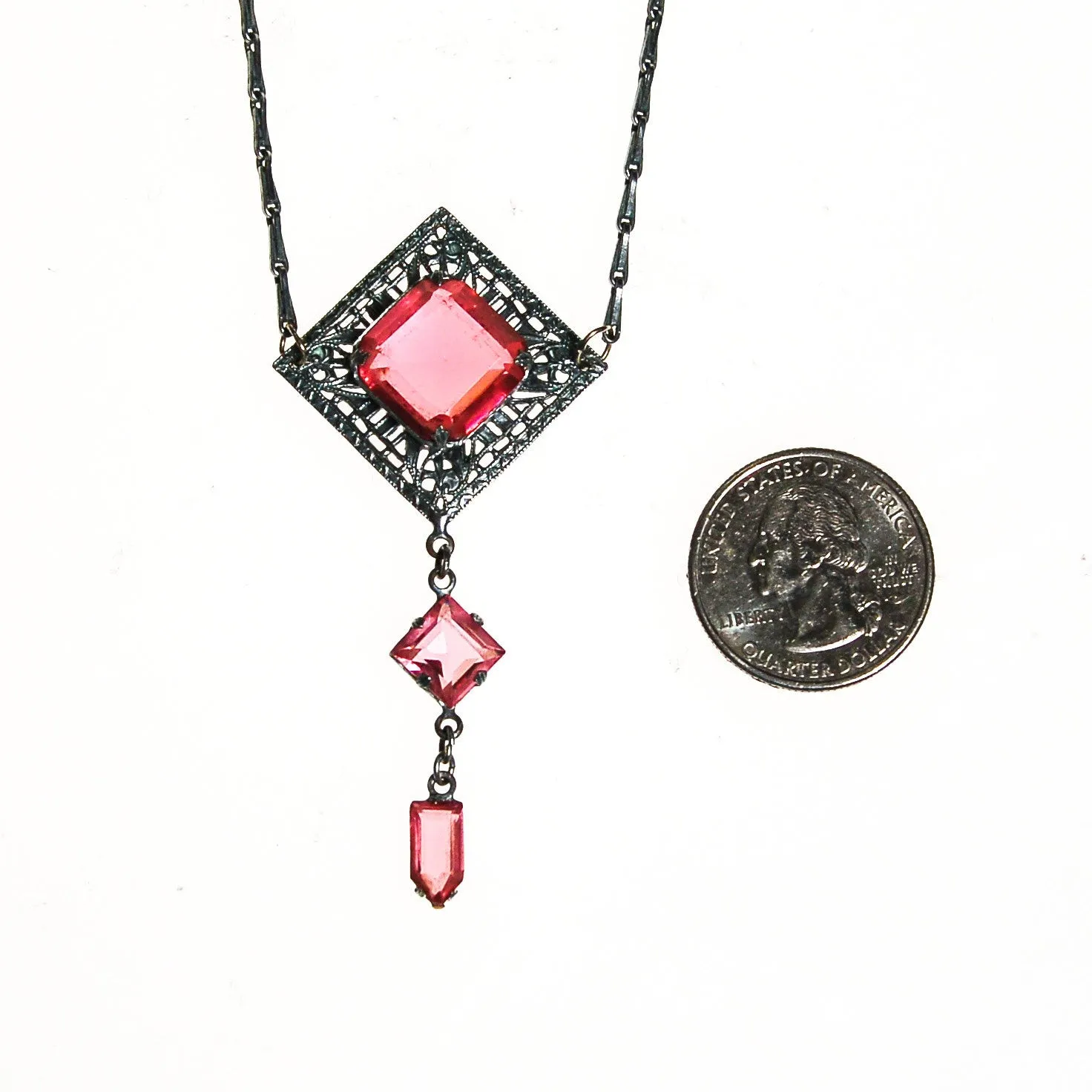 Art Deco Filigree and Pink Crystal Necklace