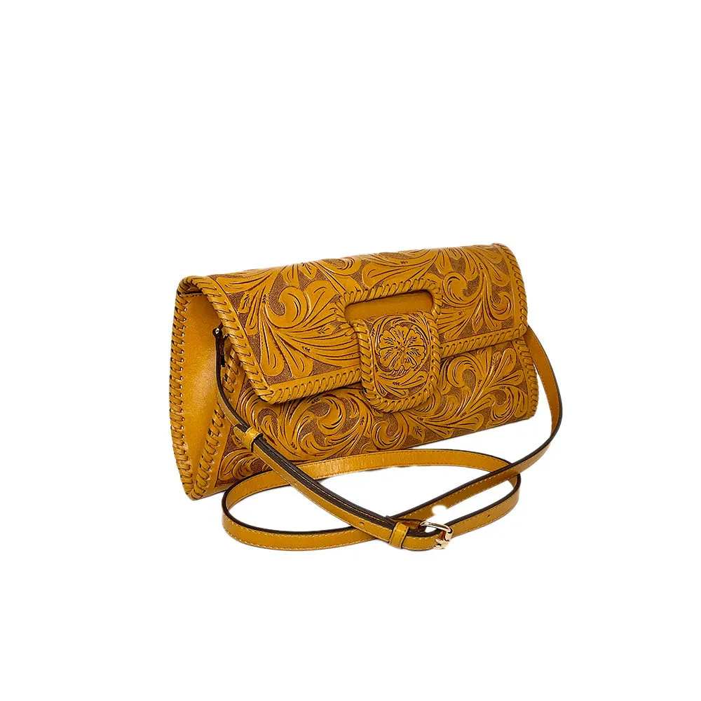 Artisan carved tan leather woman wallet