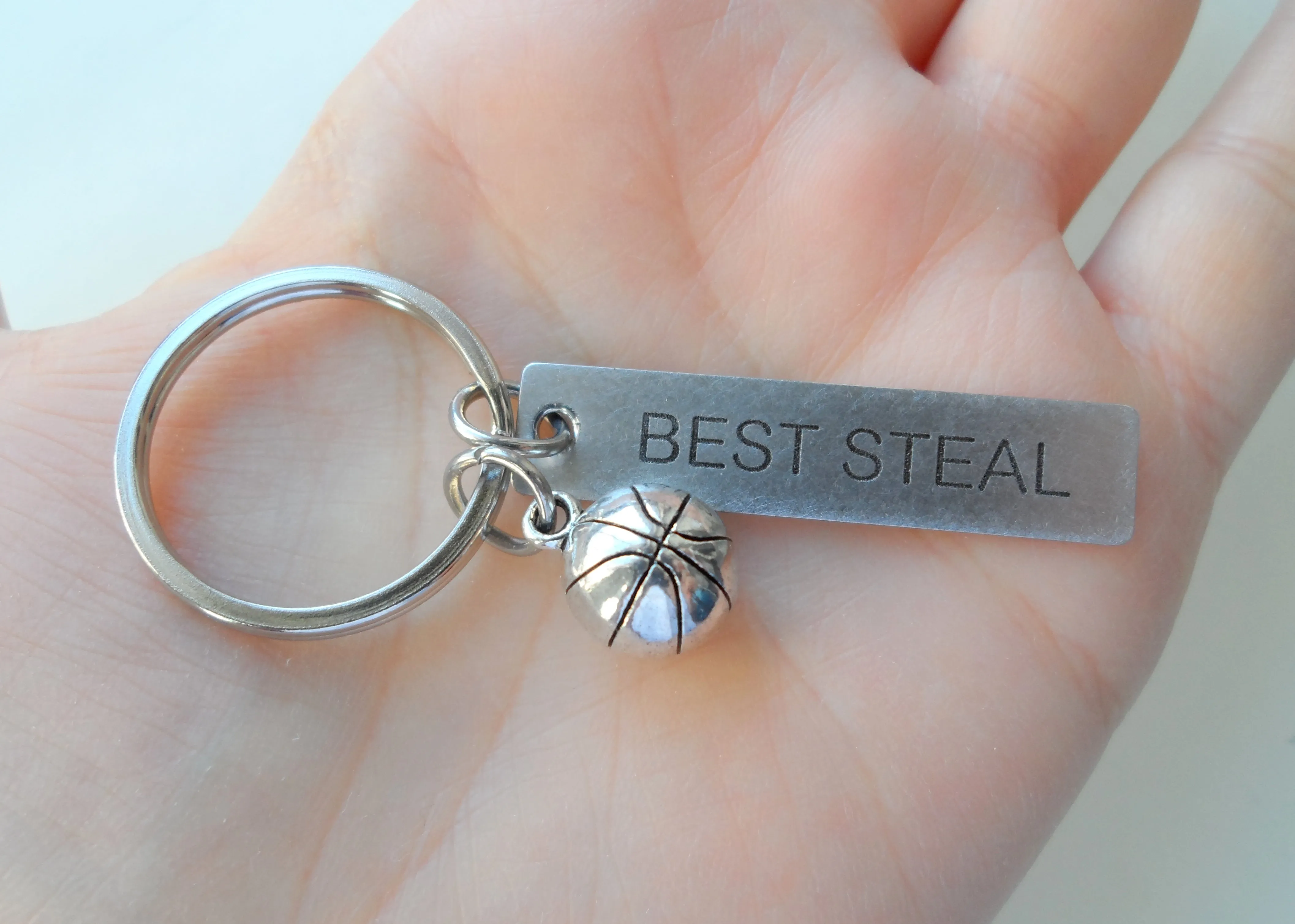 Basketball Keychain and Steel Tag Engraved with "Best Steal" Basketball Fan Keychain Gift