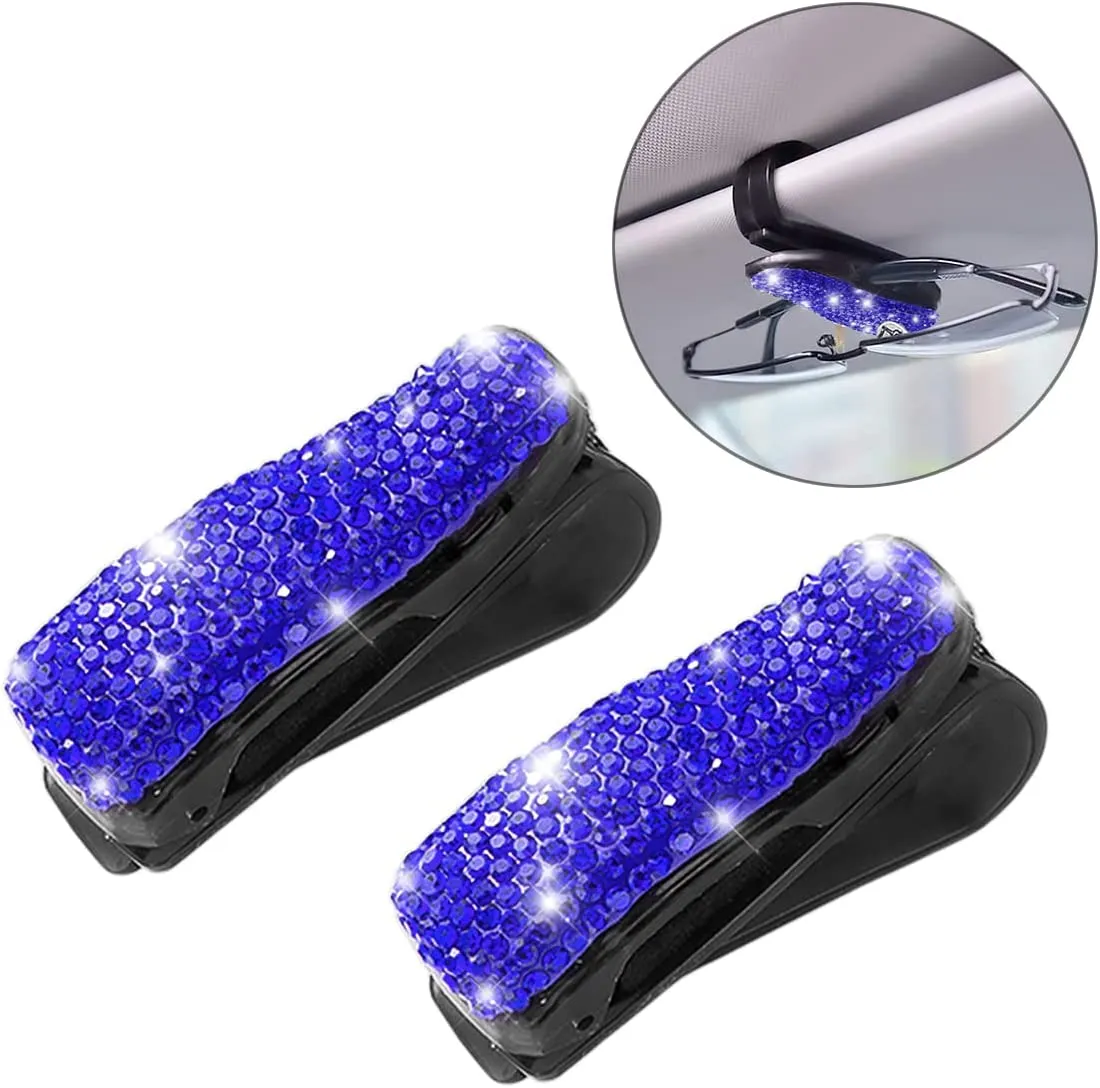 Bling Car Glasses Holder, 2PCS Handcrafted Crystal Rhinestones Fashion Car Sunglasses Mount with Card Clip for All Sun Visors, Auto Interior Accessories for Women Girl, Universal Fit for All Cars, Car Accessories