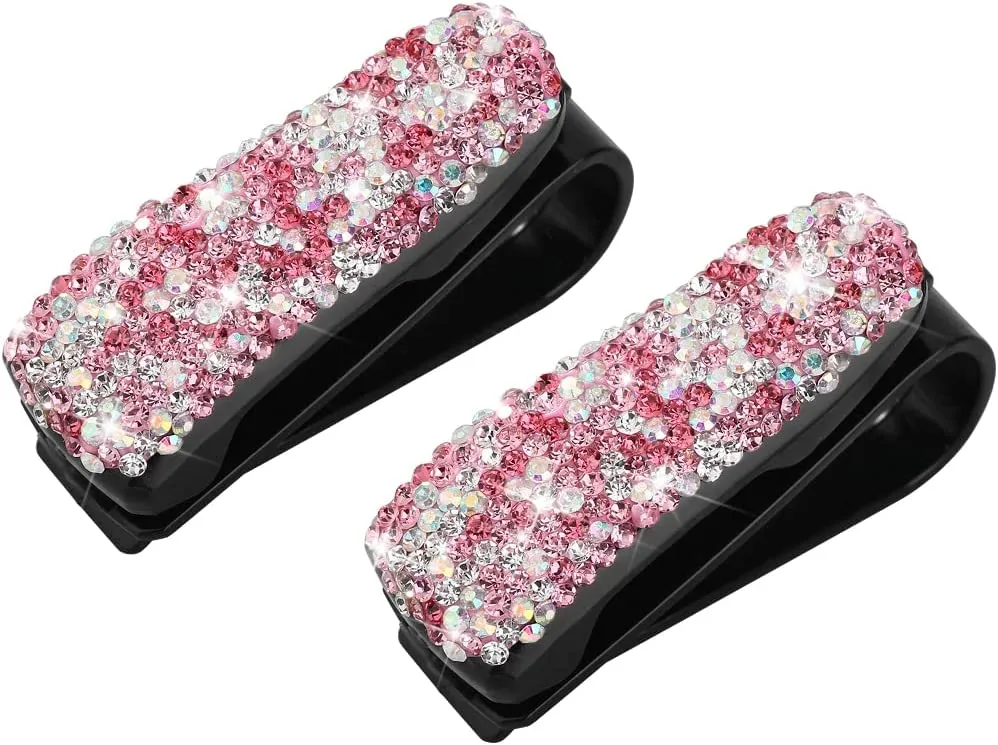 Bling Car Glasses Holder, 2PCS Handcrafted Crystal Rhinestones Fashion Car Sunglasses Mount with Card Clip for All Sun Visors, Auto Interior Accessories for Women Girl, Universal Fit for All Cars, Car Accessories