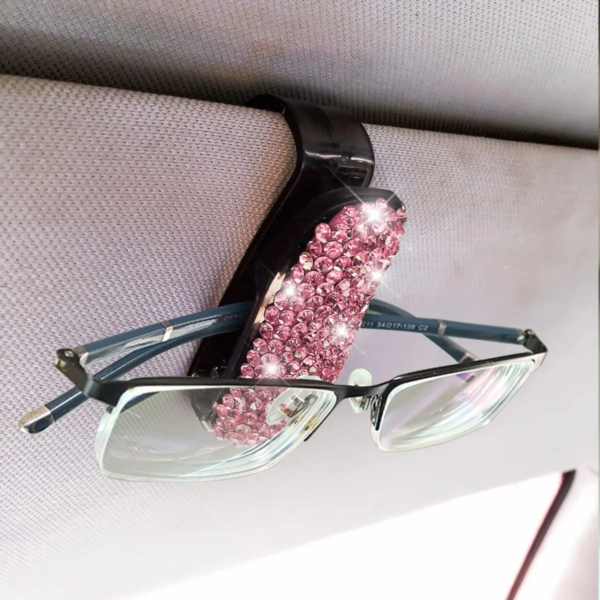 Bling Car Glasses Holder, 2PCS Handcrafted Crystal Rhinestones Fashion Car Sunglasses Mount with Card Clip for All Sun Visors, Auto Interior Accessories for Women Girl, Universal Fit for All Cars, Car Accessories