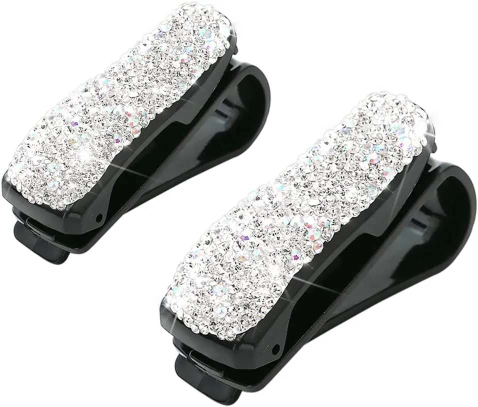 Bling Car Glasses Holder, 2PCS Handcrafted Crystal Rhinestones Fashion Car Sunglasses Mount with Card Clip for All Sun Visors, Auto Interior Accessories for Women Girl, Universal Fit for All Cars, Car Accessories