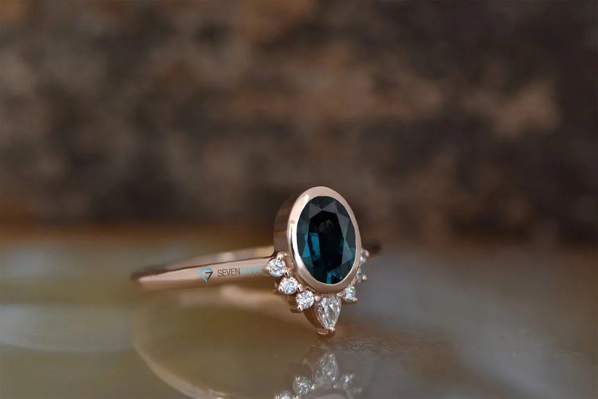 Blue green sapphire ring-Gatsby ring-Diamond vintage ring