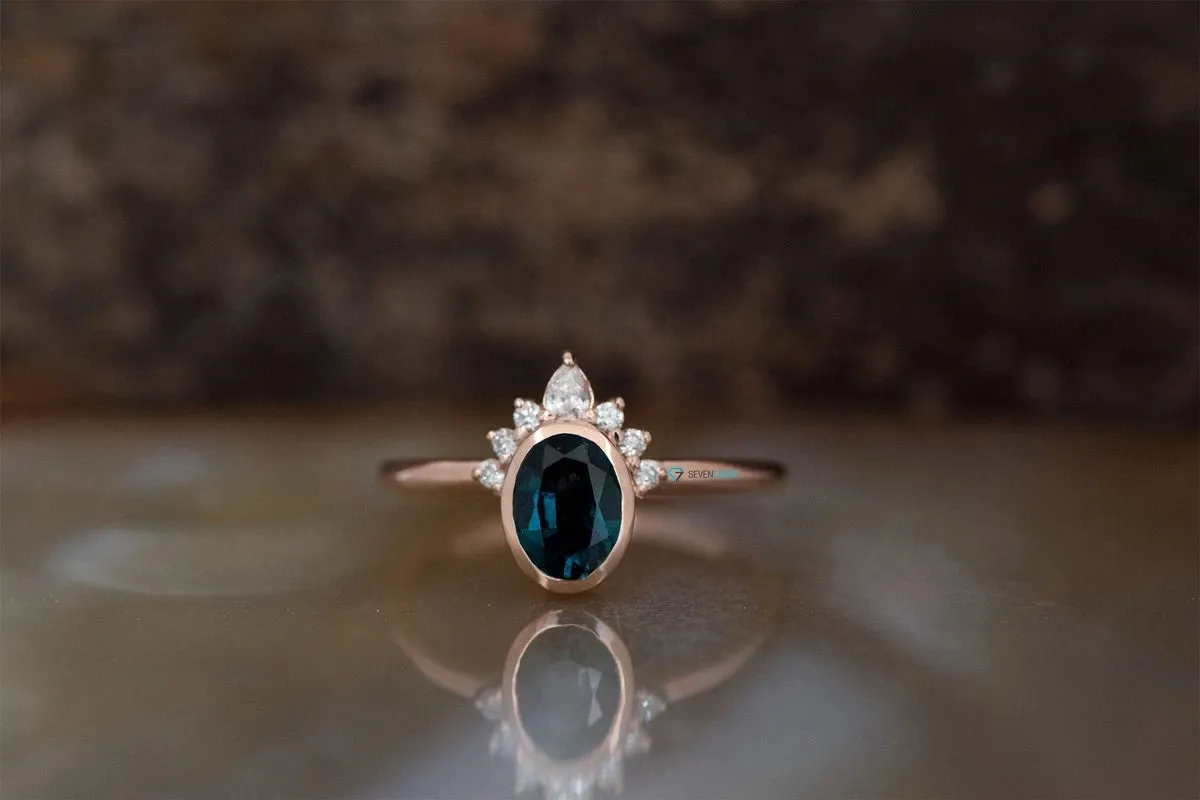 Blue green sapphire ring-Gatsby ring-Diamond vintage ring