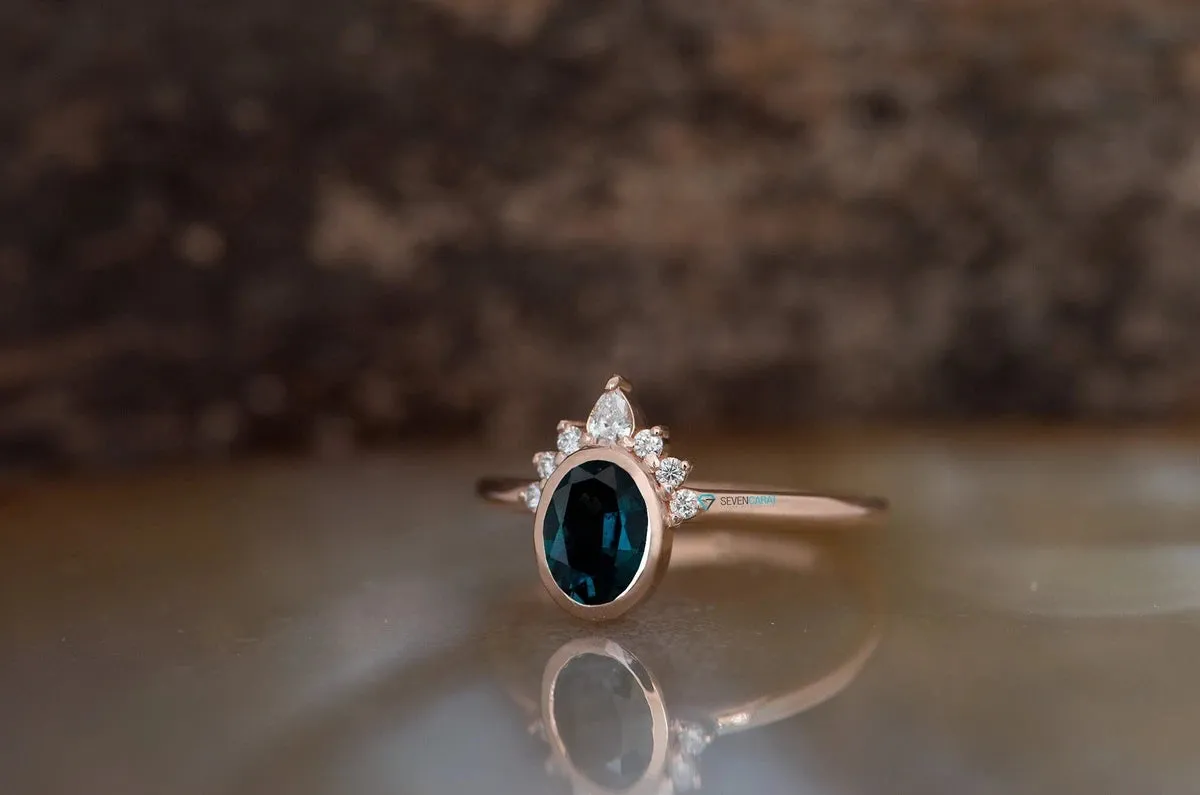 Blue green sapphire ring-Gatsby ring-Diamond vintage ring