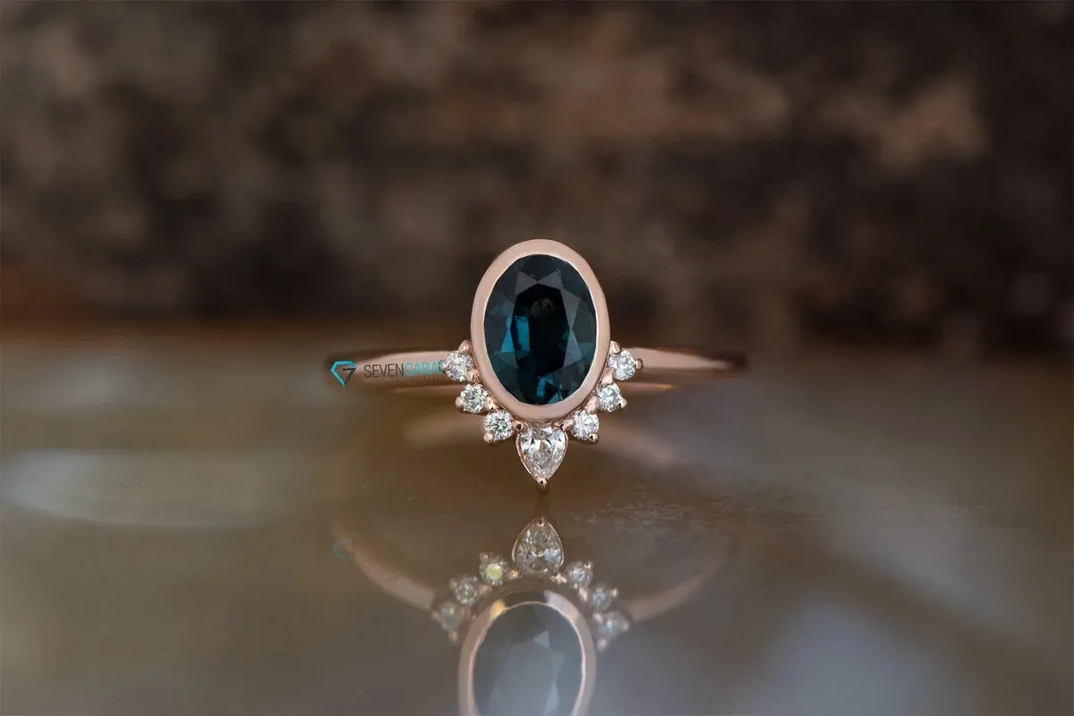 Blue green sapphire ring-Gatsby ring-Diamond vintage ring