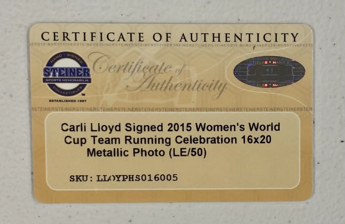 Carli Lloyd Signed 16x20 USA Women's Soccer 2015 World Cup Photo Steiner