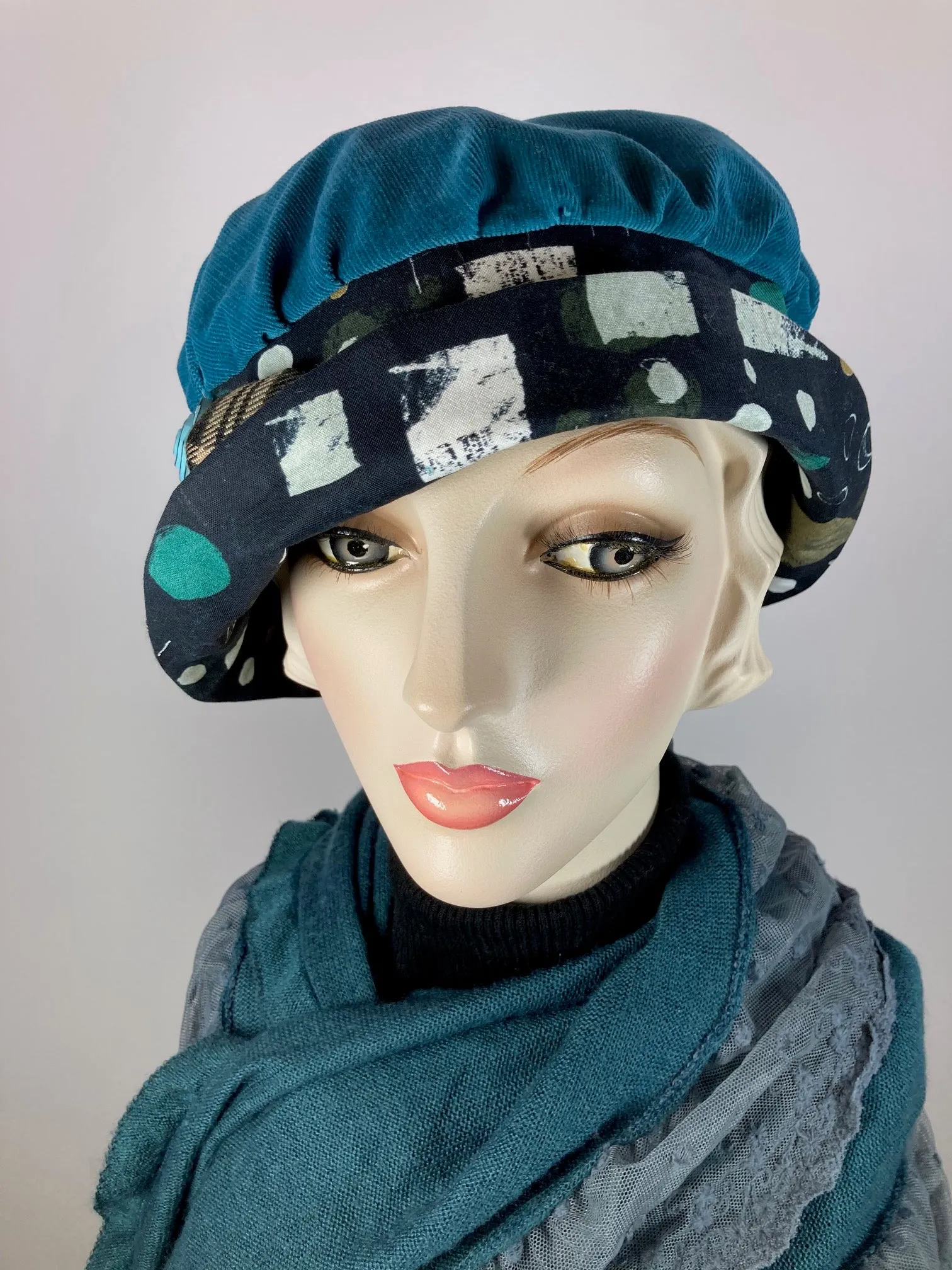 Downton Abbey Hat. Shabby chic hat. Teal black Cloche Hat. Winter bucket hat. Stylish Fabric Hat. Womens Travel Hat. Great Gatsby Hat.