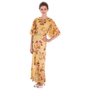 Lovely Vintage 1930s Dress Bias Cut Printed Silk Chiffon Fall Colors Magnolias 36-28-36 Gatsby