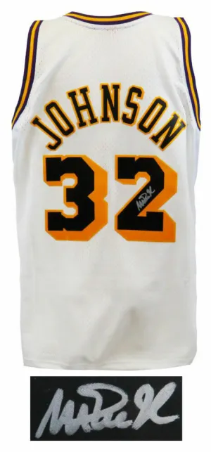 Magic Johnson Signed Lakers White w/Black #'s M&N NBA Swingman Jersey - (SS COA)