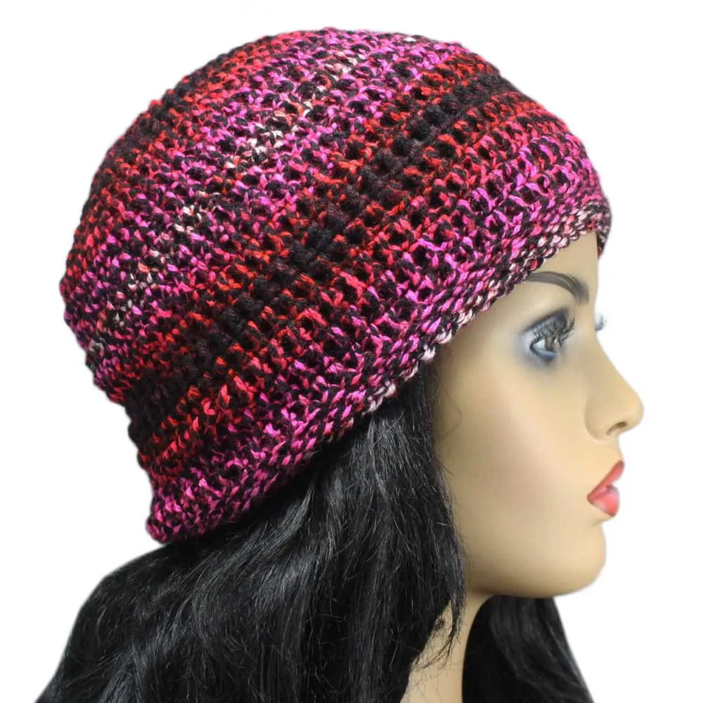 Pink and Red Crochet Beanie Hat Medium/Large - JMCH15