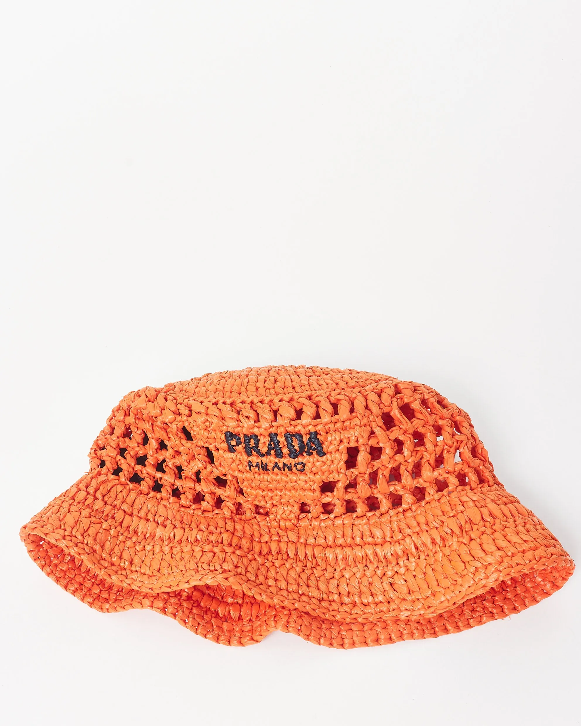 Prada Orange Raffia Logo Bucket Hat - M