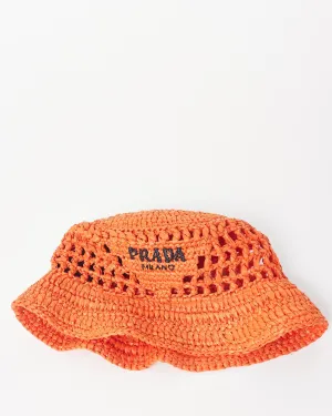 Prada Orange Raffia Logo Bucket Hat - M
