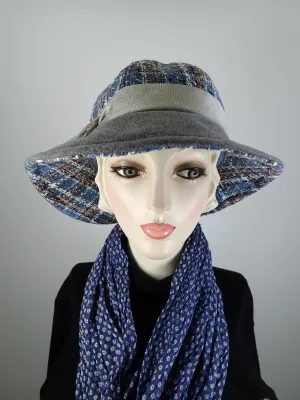 Slow Fashion Hat. Blue Gray Downton Abbey medium brim hat. Ladies wool statement hat. Dressy womens hat blue pink gray