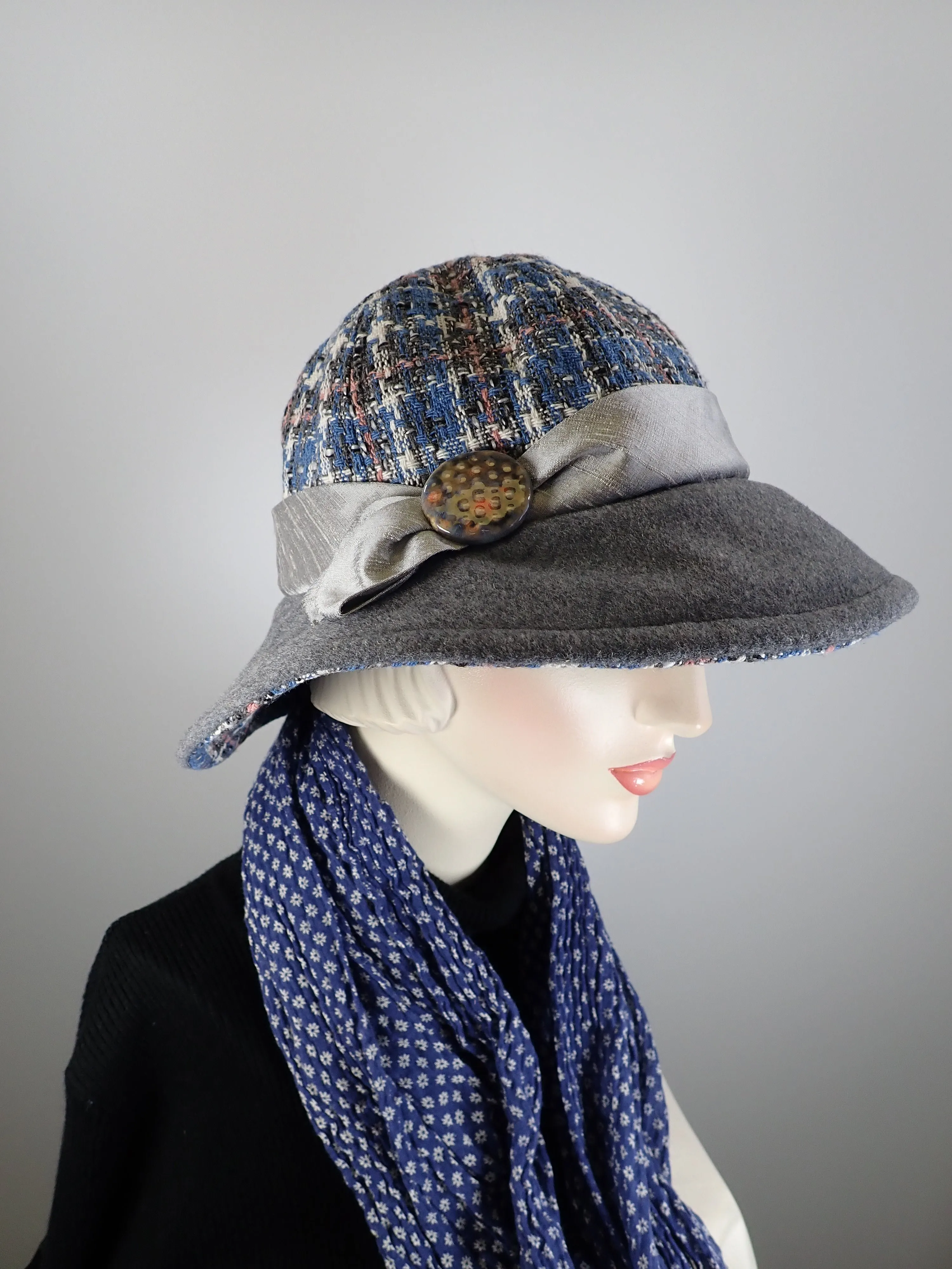 Slow Fashion Hat. Blue Gray Downton Abbey medium brim hat. Ladies wool statement hat. Dressy womens hat blue pink gray