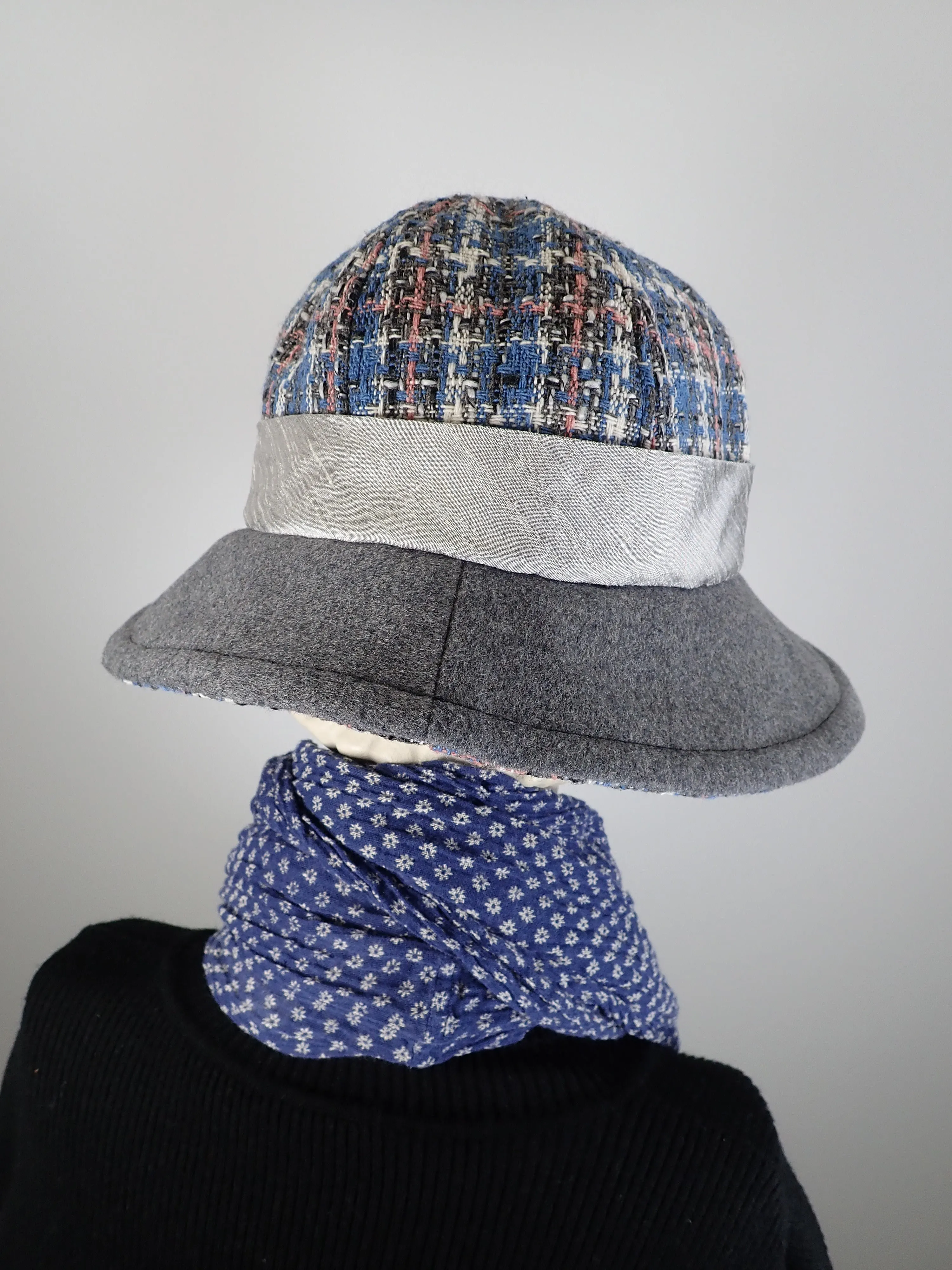 Slow Fashion Hat. Blue Gray Downton Abbey medium brim hat. Ladies wool statement hat. Dressy womens hat blue pink gray