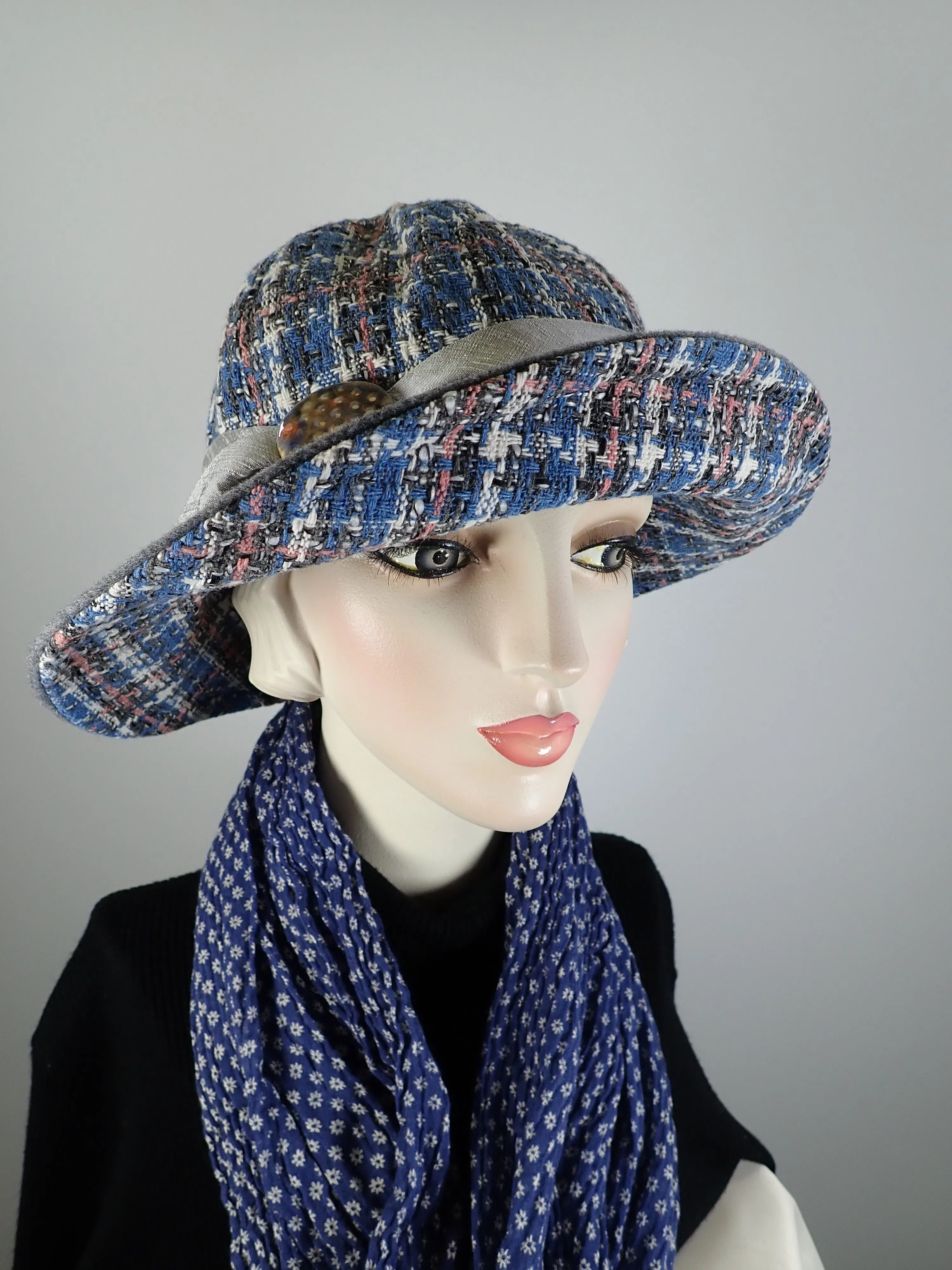 Slow Fashion Hat. Blue Gray Downton Abbey medium brim hat. Ladies wool statement hat. Dressy womens hat blue pink gray