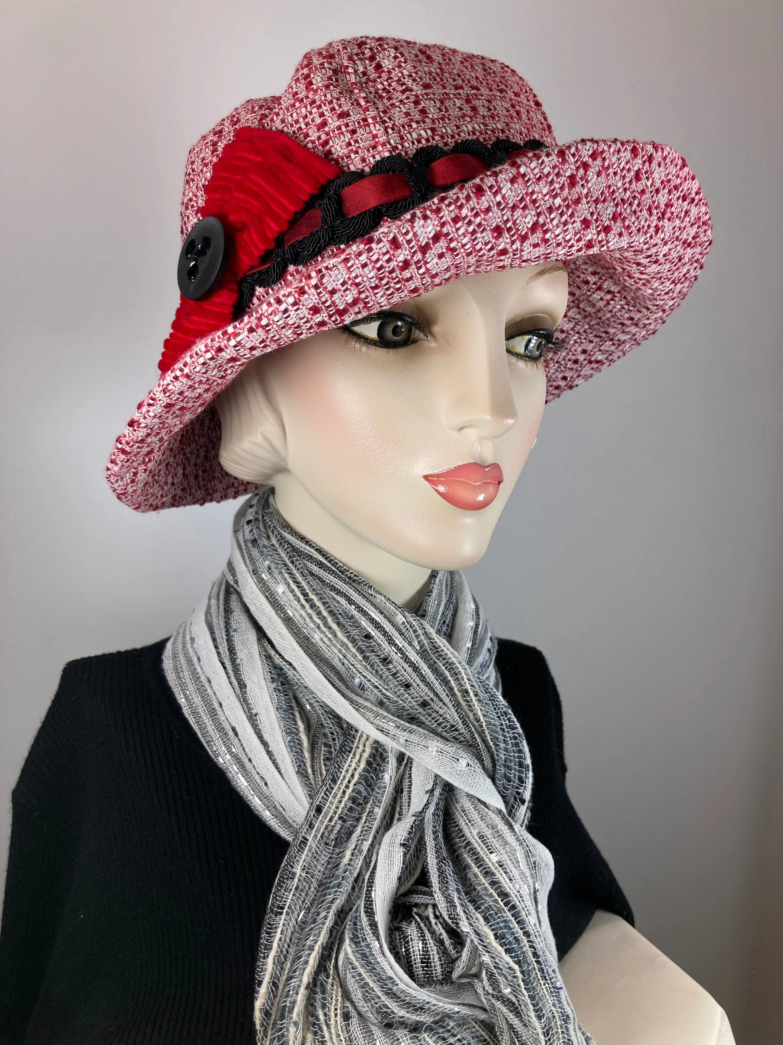 Slow Fashion Hat. Red White Downton Abbey hat. Medium brim hat. Ladies statement hat. Womens Wool hat. Dressy womens hat red white black