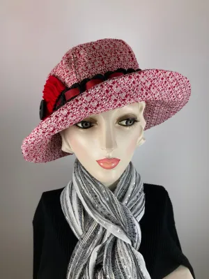 Slow Fashion Hat. Red White Downton Abbey hat. Medium brim hat. Ladies statement hat. Womens Wool hat. Dressy womens hat red white black