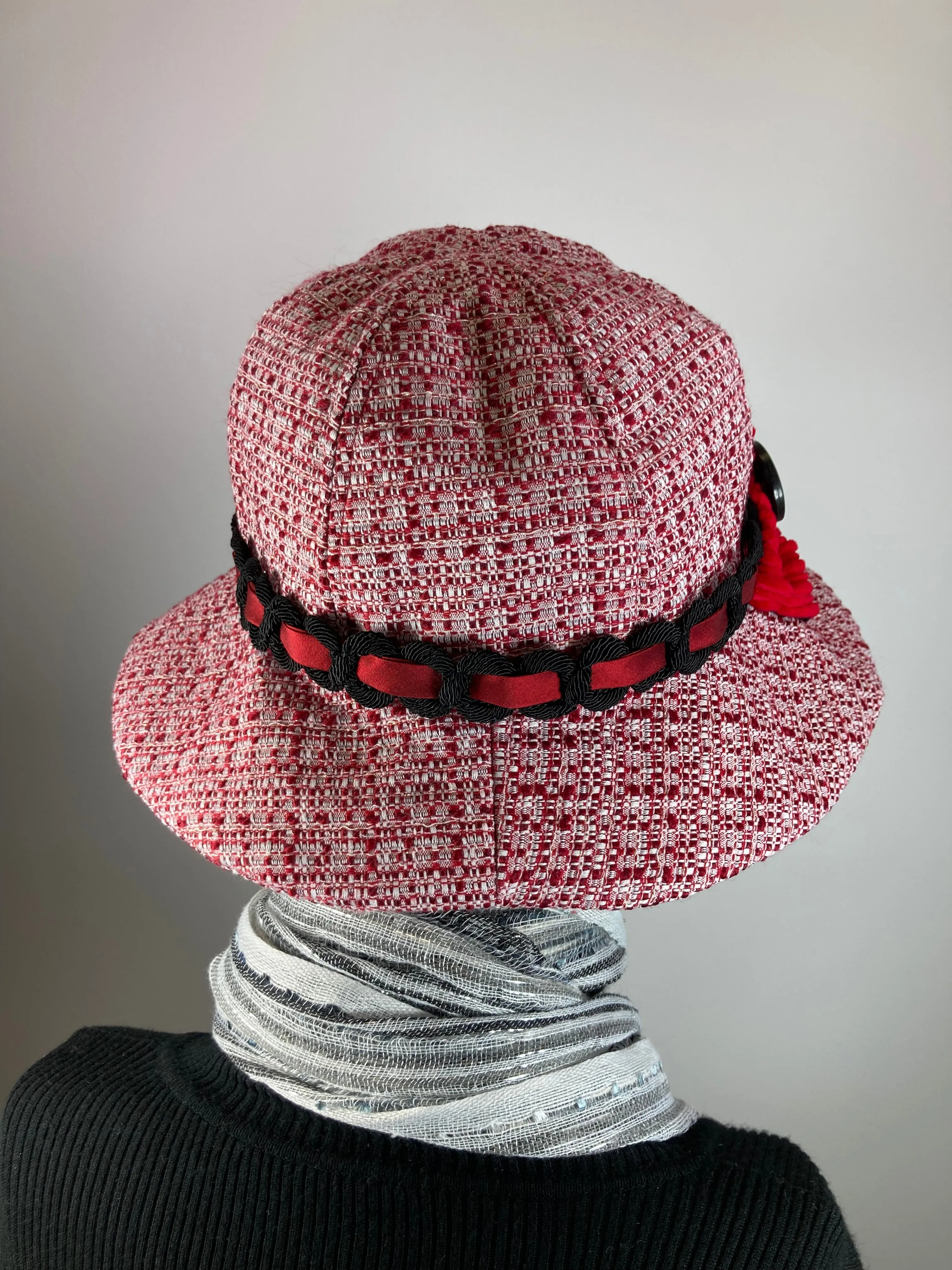 Slow Fashion Hat. Red White Downton Abbey hat. Medium brim hat. Ladies statement hat. Womens Wool hat. Dressy womens hat red white black
