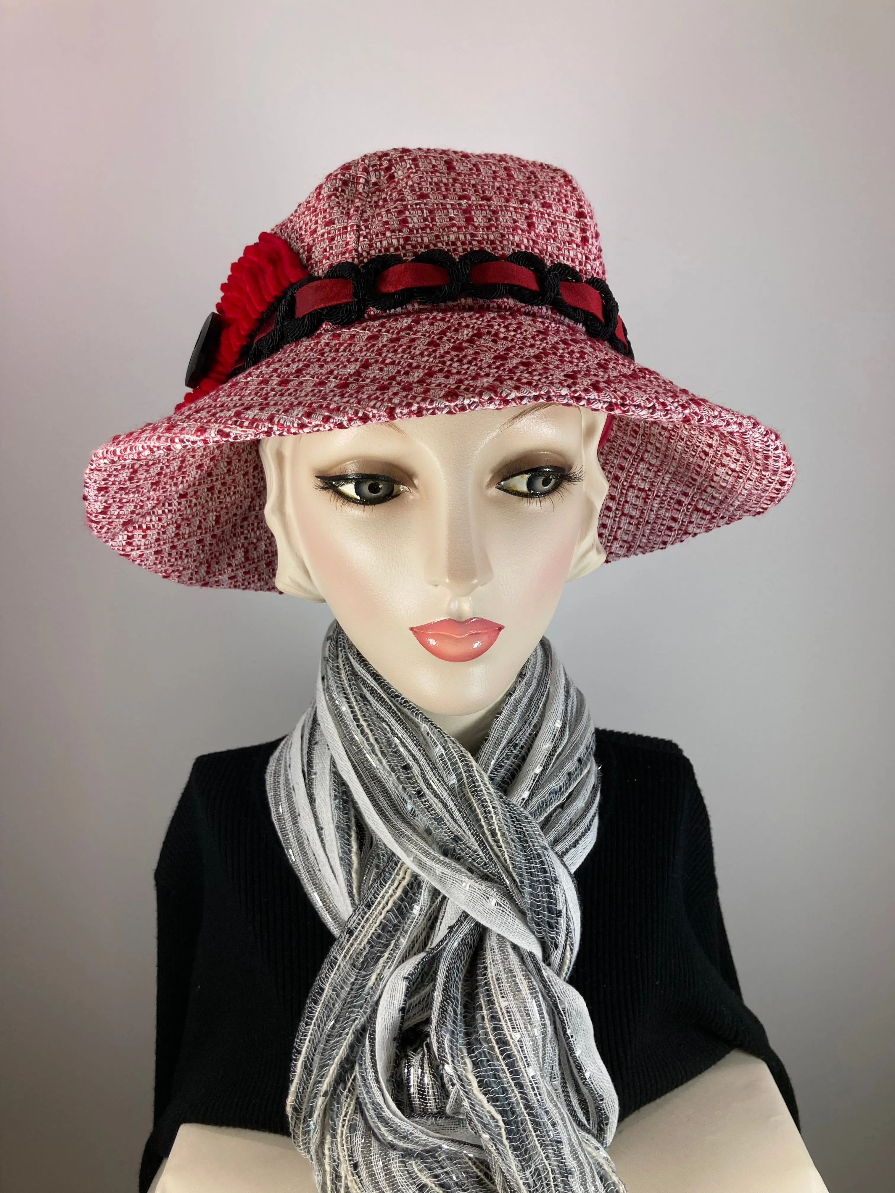 Slow Fashion Hat. Red White Downton Abbey hat. Medium brim hat. Ladies statement hat. Womens Wool hat. Dressy womens hat red white black