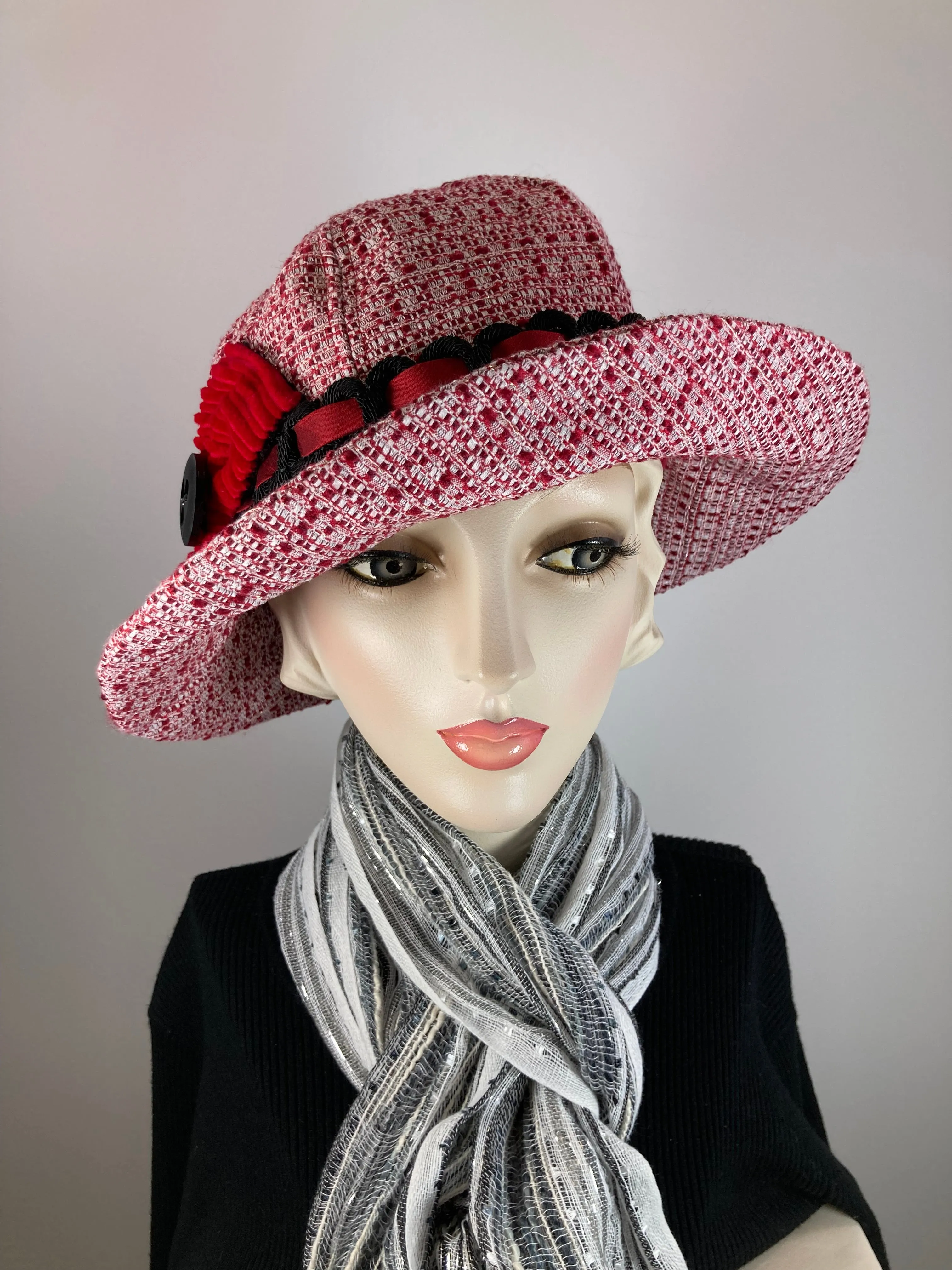 Slow Fashion Hat. Red White Downton Abbey hat. Medium brim hat. Ladies statement hat. Womens Wool hat. Dressy womens hat red white black