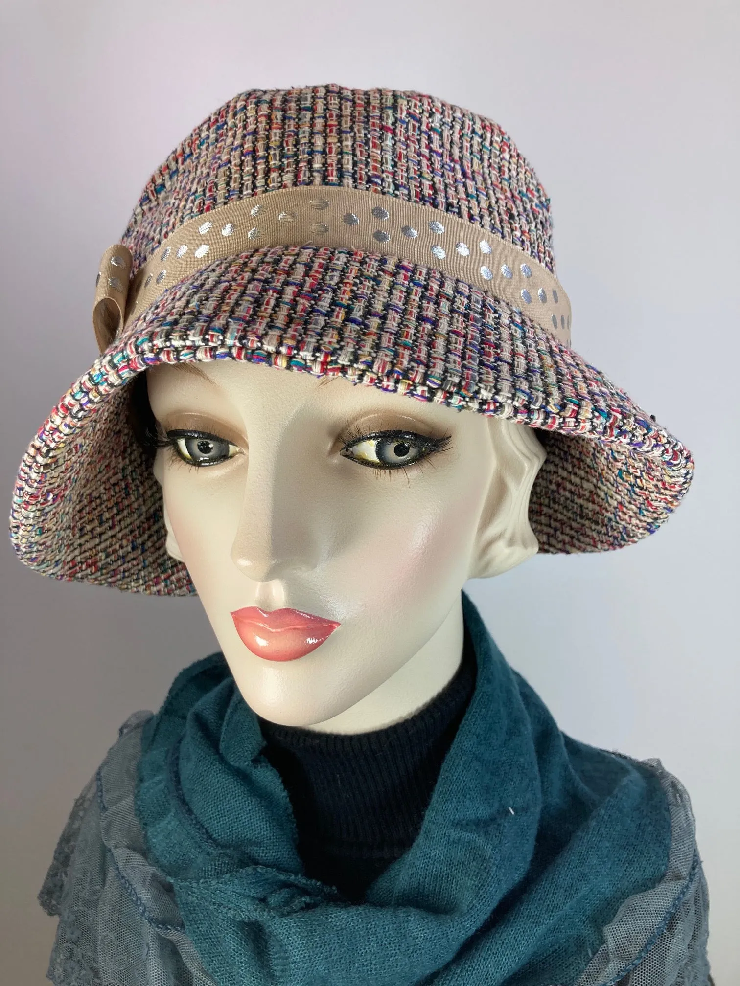 Slow Fashion Short Brim Hat. Multi color Downton Abbey hat. Ladies statement hat. Womens Miss Fisher classic brim cloche hat.