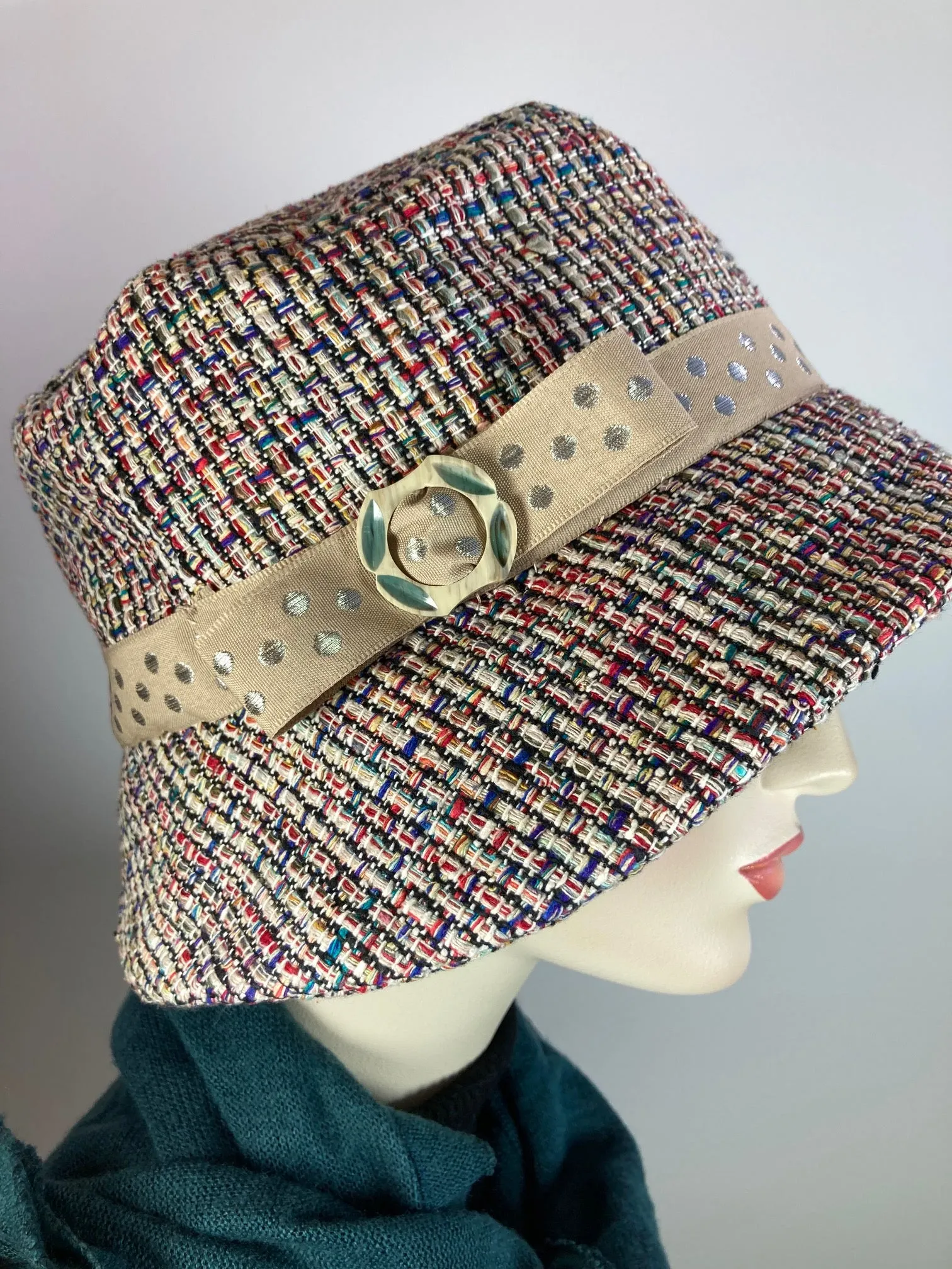 Slow Fashion Short Brim Hat. Multi color Downton Abbey hat. Ladies statement hat. Womens Miss Fisher classic brim cloche hat.