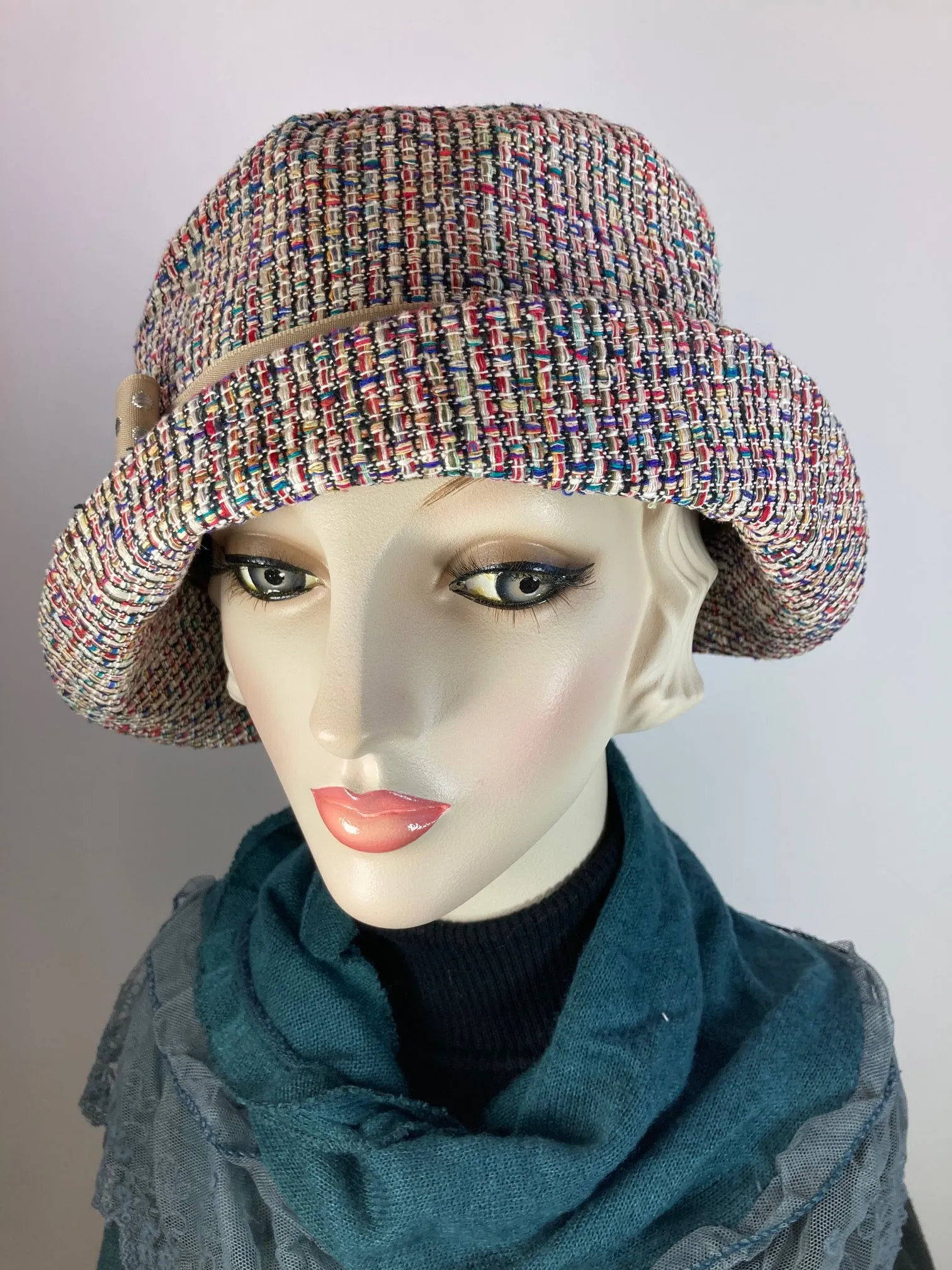 Slow Fashion Short Brim Hat. Multi color Downton Abbey hat. Ladies statement hat. Womens Miss Fisher classic brim cloche hat.