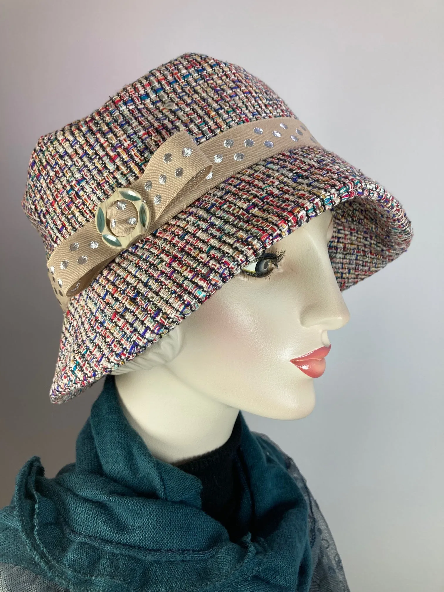 Slow Fashion Short Brim Hat. Multi color Downton Abbey hat. Ladies statement hat. Womens Miss Fisher classic brim cloche hat.