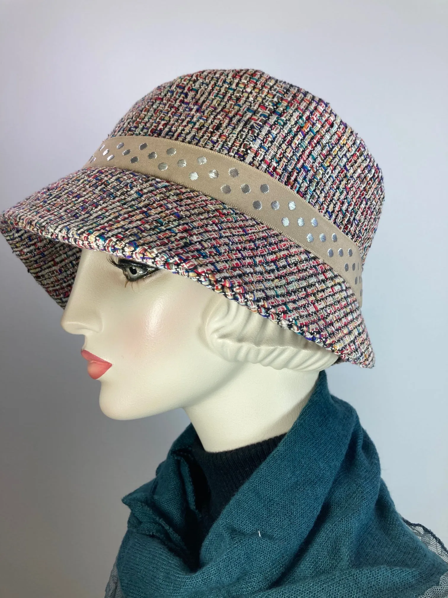Slow Fashion Short Brim Hat. Multi color Downton Abbey hat. Ladies statement hat. Womens Miss Fisher classic brim cloche hat.