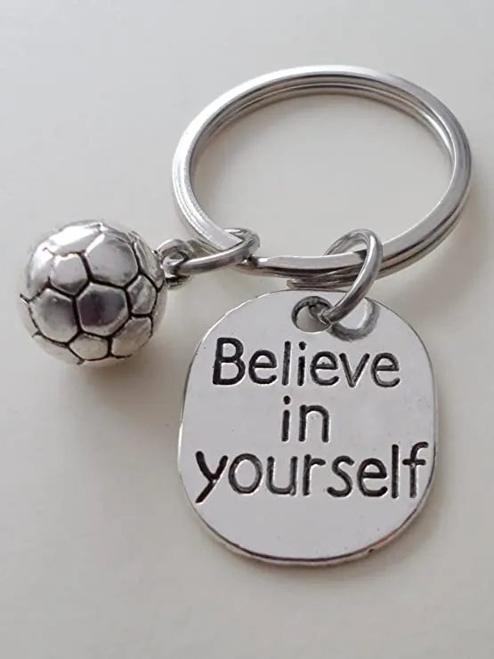 Soccer Keychain with Soccer Ball Charm and Believe in Yourself Charm, Soccer Player or Coach Keychain