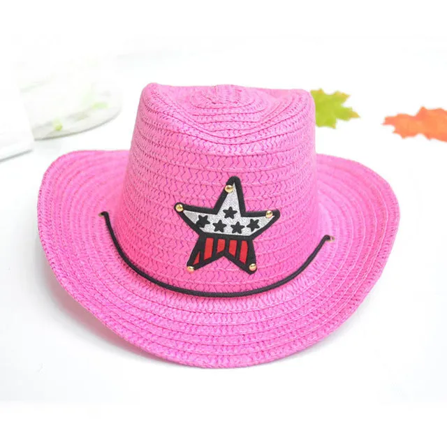 Summer Autumn 54cm Children Caps Cowgirls Cowboy Hats for Kids Stars Pattern Straw Caps with Cable,Funny Birthday Party Hats