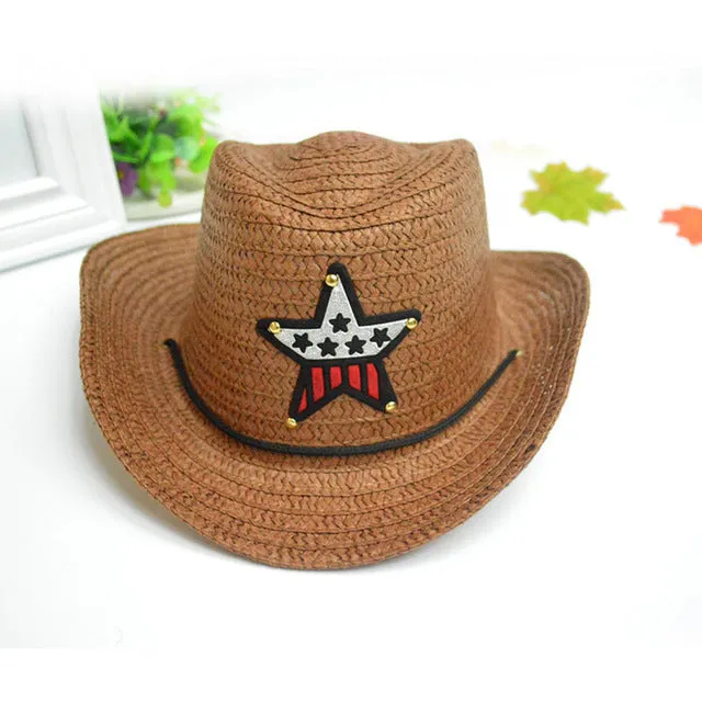 Summer Autumn 54cm Children Caps Cowgirls Cowboy Hats for Kids Stars Pattern Straw Caps with Cable,Funny Birthday Party Hats