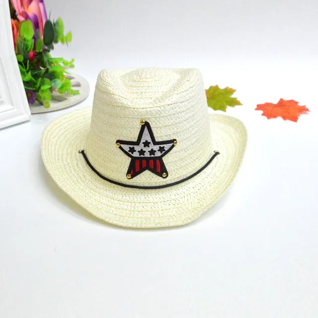Summer Autumn 54cm Children Caps Cowgirls Cowboy Hats for Kids Stars Pattern Straw Caps with Cable,Funny Birthday Party Hats