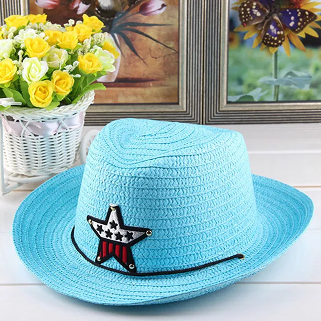 Summer Autumn 54cm Children Caps Cowgirls Cowboy Hats for Kids Stars Pattern Straw Caps with Cable,Funny Birthday Party Hats