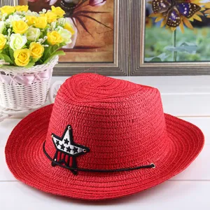 Summer Autumn 54cm Children Caps Cowgirls Cowboy Hats for Kids Stars Pattern Straw Caps with Cable,Funny Birthday Party Hats