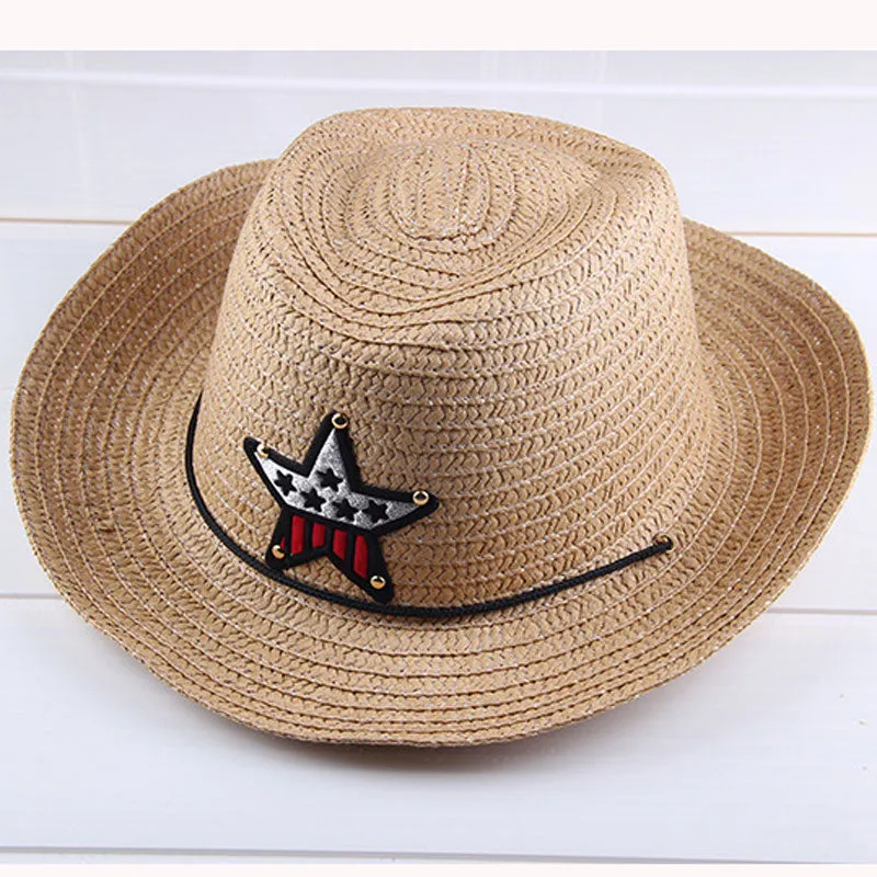 Summer Autumn 54cm Children Caps Cowgirls Cowboy Hats for Kids Stars Pattern Straw Caps with Cable,Funny Birthday Party Hats