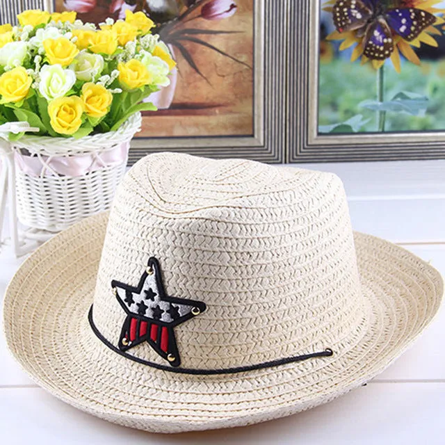Summer Autumn 54cm Children Caps Cowgirls Cowboy Hats for Kids Stars Pattern Straw Caps with Cable,Funny Birthday Party Hats