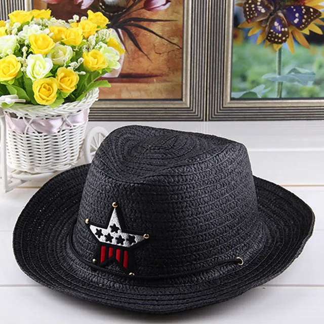 Summer Autumn 54cm Children Caps Cowgirls Cowboy Hats for Kids Stars Pattern Straw Caps with Cable,Funny Birthday Party Hats