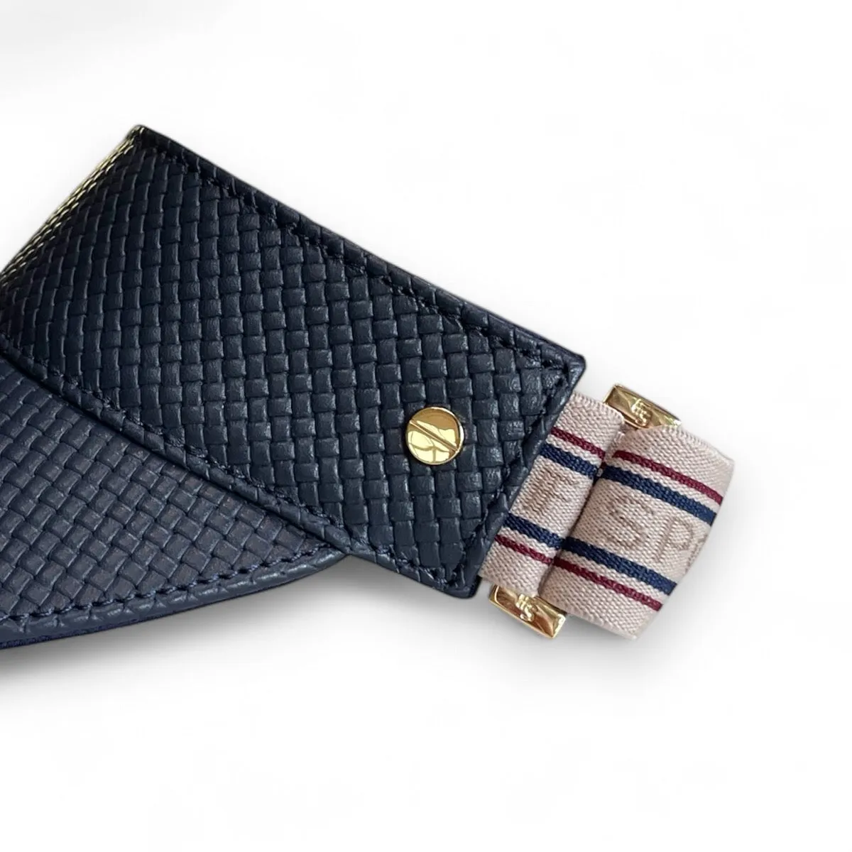 The Leather Visor - Navy Basketweave, Varsity Striped Elastic & Gold