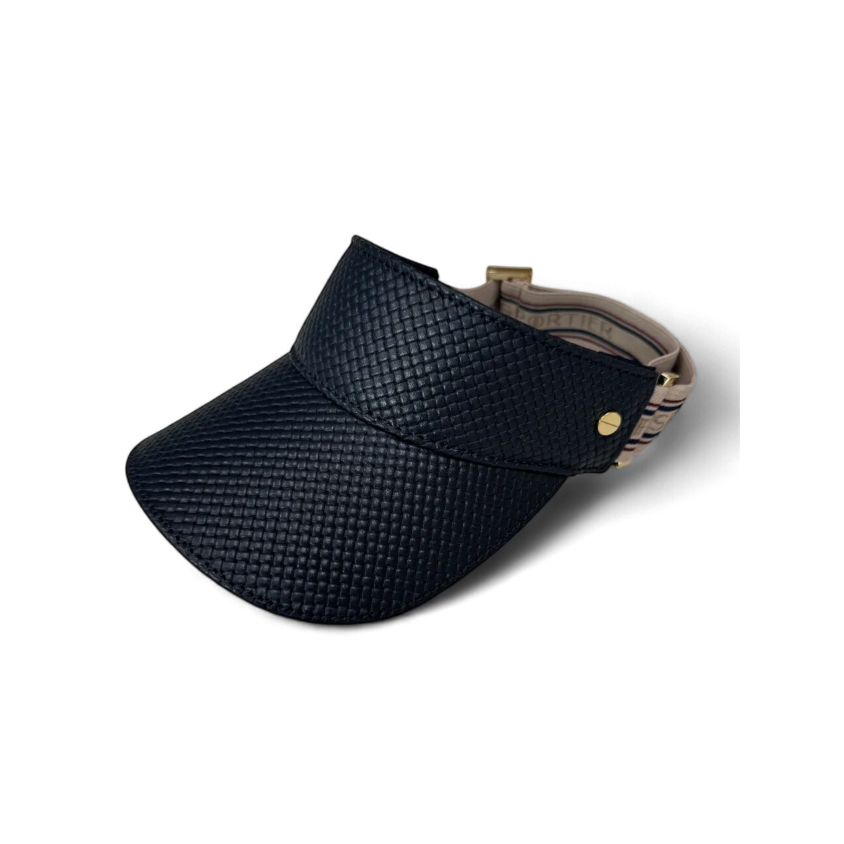 The Leather Visor - Navy Basketweave, Varsity Striped Elastic & Gold