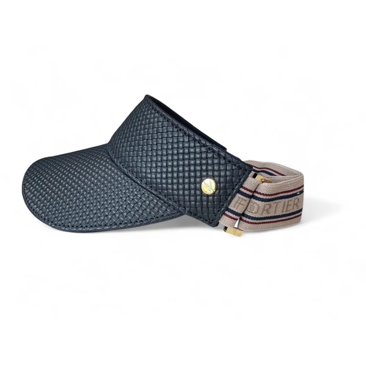 The Leather Visor - Navy Basketweave, Varsity Striped Elastic & Gold