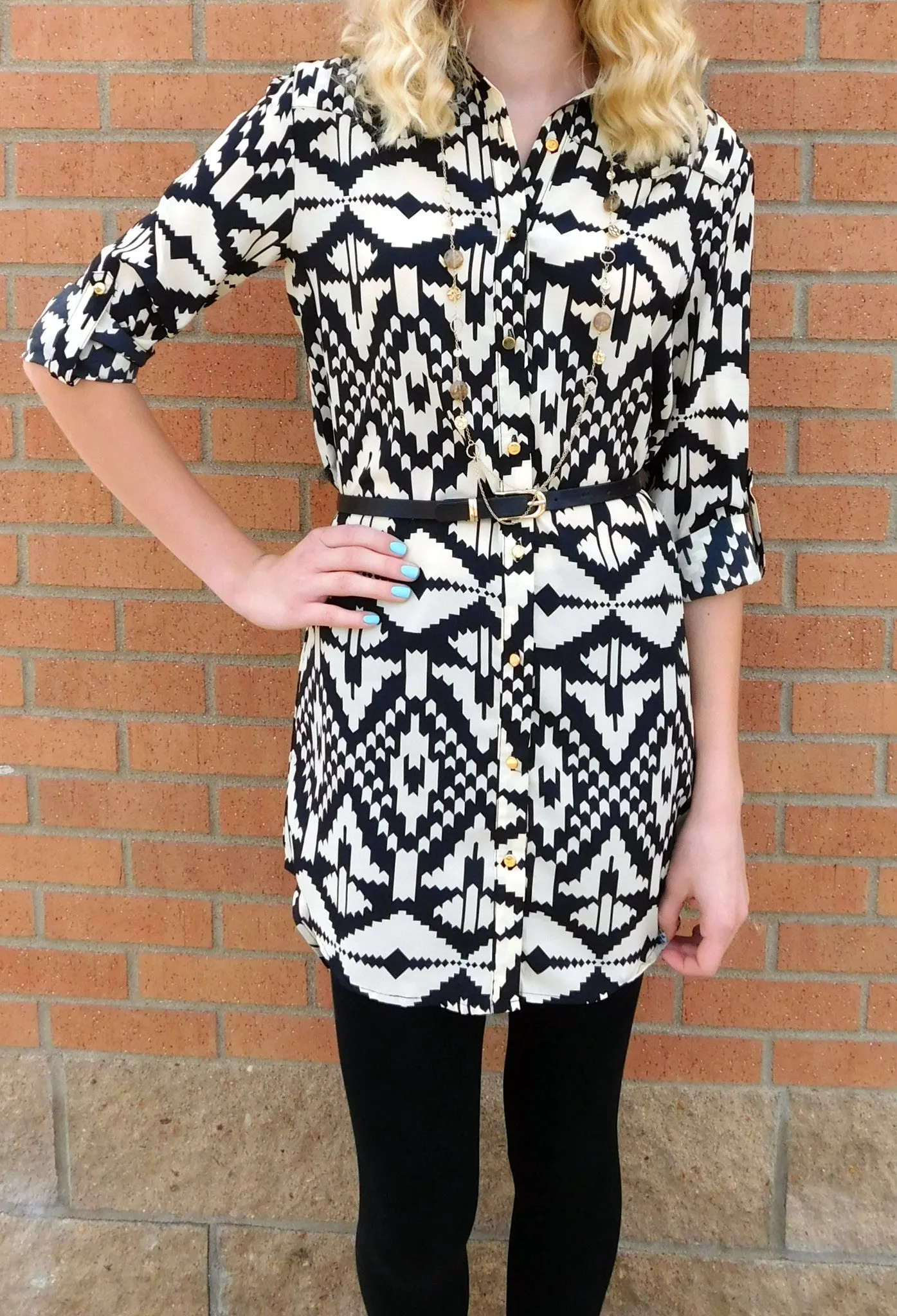 Timing | Button Up Tribal Print Dress Black & Cream