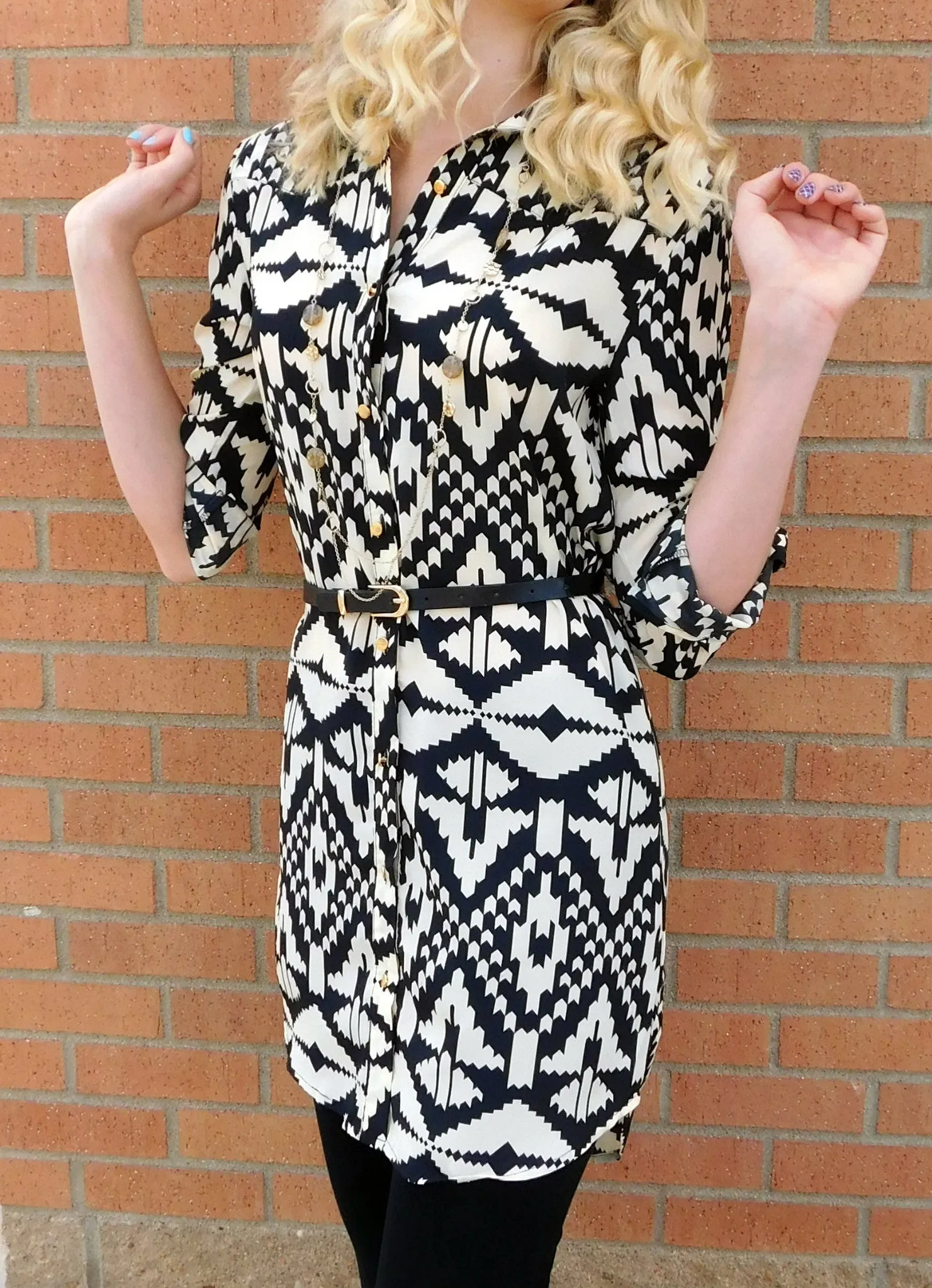 Timing | Button Up Tribal Print Dress Black & Cream